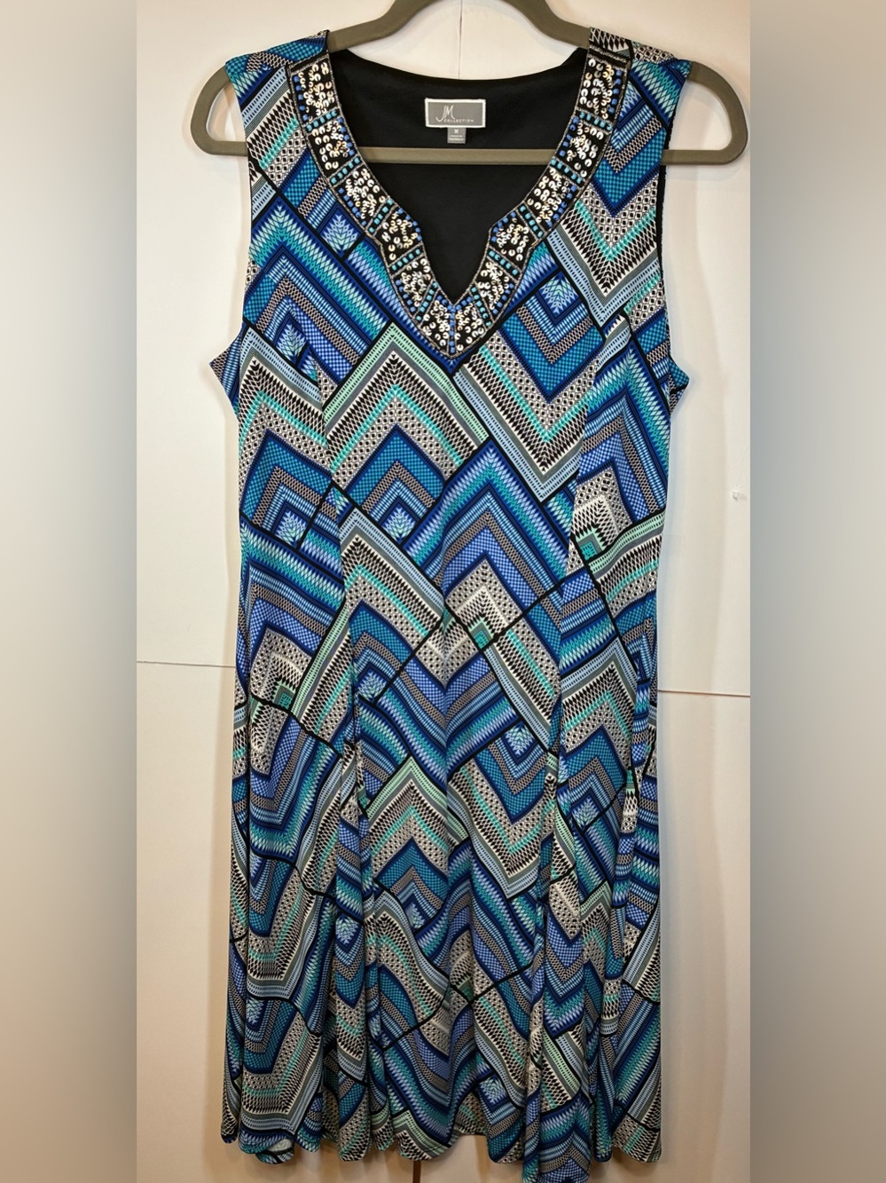JM Collection Blue Geometric Print Sleeveless Dress Beaded Neckline Size M